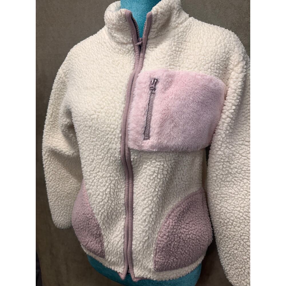 Cat & Jack Sherpa Fleece Jacket Pink Cream Zip Up Cozy Girls Size L 10/12
